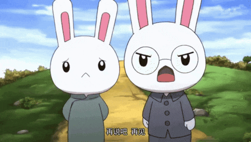 two cartoon rabbits are standing next to each other and one has glasses