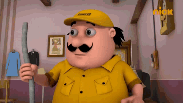 a cartoon character with a yellow shirt and a hat that says plumber