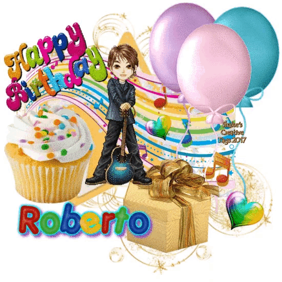 a birthday card for roberto with a boy holding a guitar and a cupcake