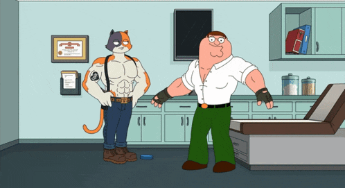 peter griffin is standing next to a cat in a room