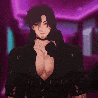 a drawing of a man with a choker on his neck and a purple background