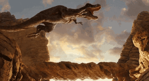 a dinosaur is jumping over a bridge with its mouth wide open