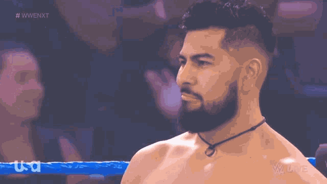 a man with a beard is smiling in a ring .