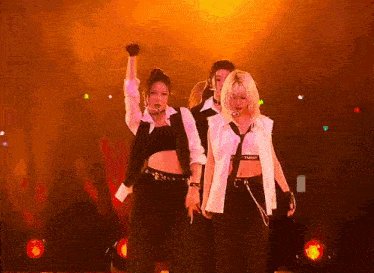 a group of women are standing on a stage with their arms in the air .
