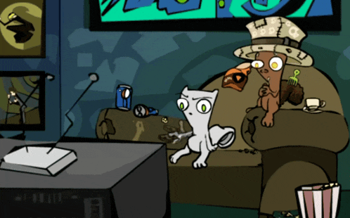 a cartoon of a cat sitting on a couch next to a man