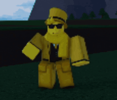a yellow cartoon character wearing a top hat and sunglasses is standing in a field .