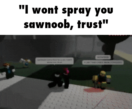 a screenshot of a video game that says " i won t spray you sawnoob trust "