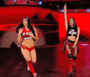 two women are standing next to each other on a stage in a wrestling match .