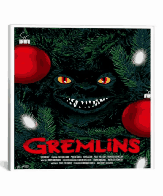 a poster for the movie gremlins with a christmas tree and red ornaments