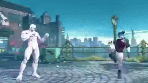 a man in a white suit is standing on a brick sidewalk in front of a city
