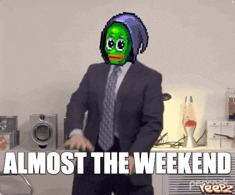 a pixel art of a man in a suit and tie dancing with the words almost the weekend below him