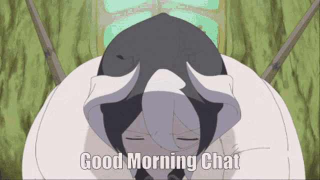 a cartoon character says " good morning chat " in front of a green background