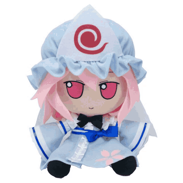 a stuffed toy with pink hair and a white hat with a red circle on it