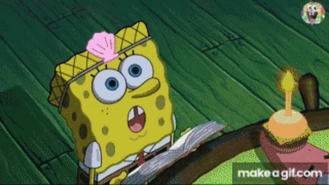 a cartoon of spongebob reading a book next to a birthday cake