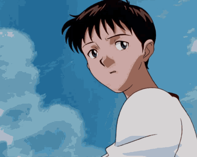 a boy in a white shirt with a blue sky behind him