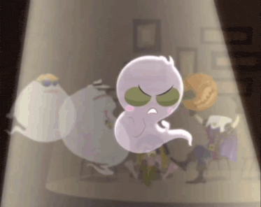 a cartoon of a ghost standing in front of a group of people