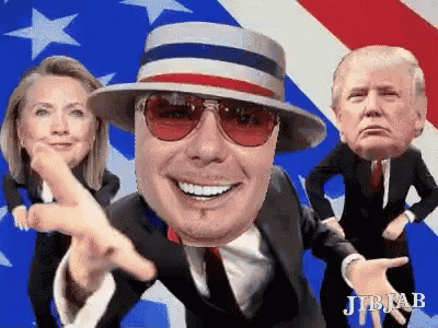 a cartoon of hillary clinton donald trump and a man with a hat and sunglasses
