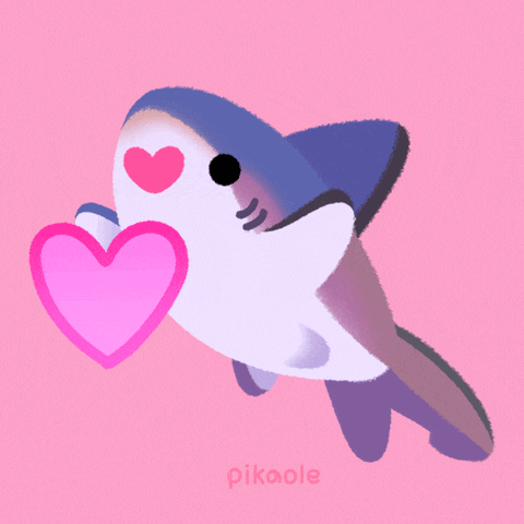 an illustration of a shark with a heart in its mouth and the name pikaole below it