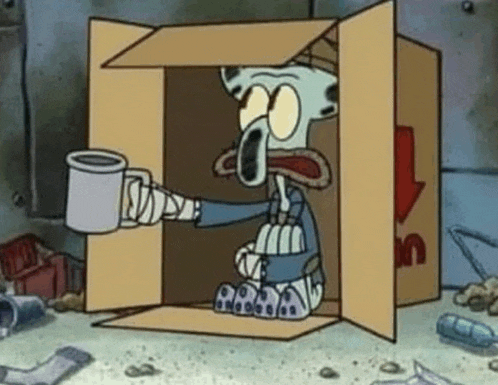squidward from spongebob squarepants is sitting in a cardboard box and holding a cup of coffee .
