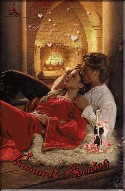 a painting of a man and woman laying in front of a fireplace with the words romantic evening