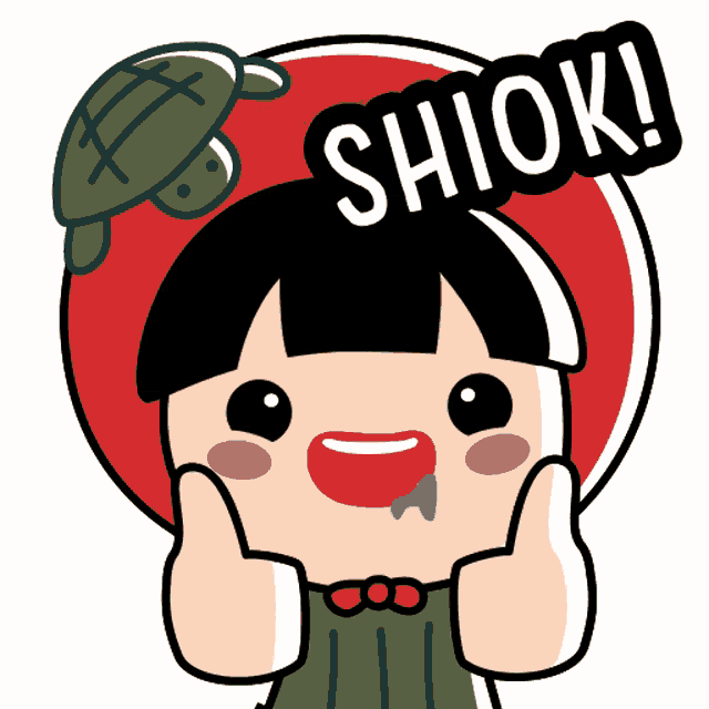 a cartoon of a girl with a turtle on her head and the word shiok above her head