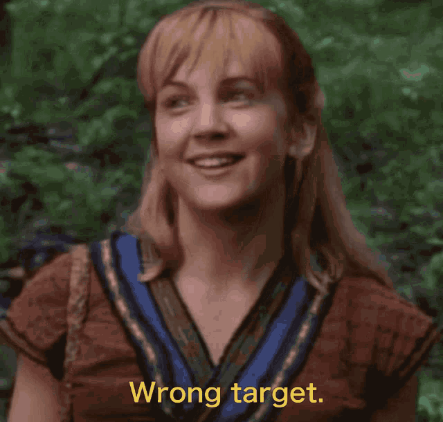 a woman with the words wrong target on the bottom