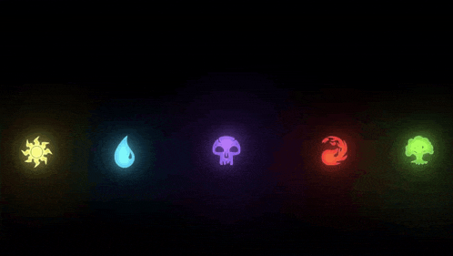 a row of glowing symbols including a skull a tree a sun and a drop of water