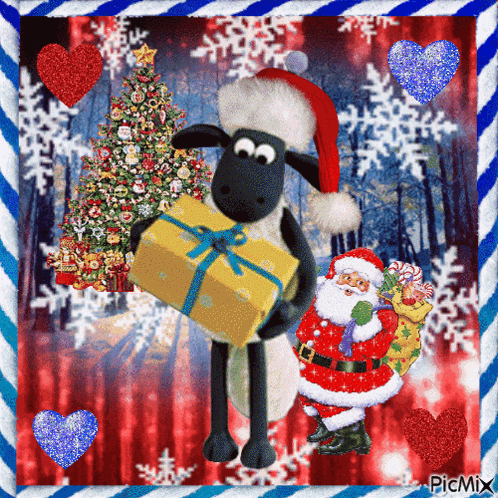 a picture of a sheep wearing a santa hat holding a gift box