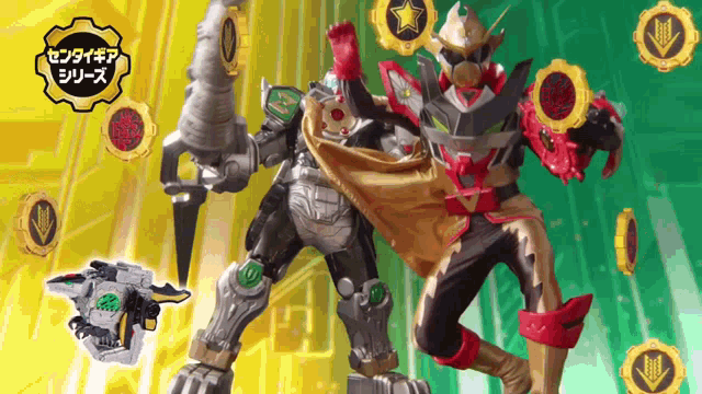 two robots are standing next to each other on a green background with chinese writing