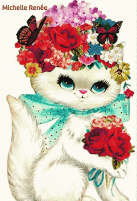 a picture of a cat with flowers on its head and the name michelle renée below it