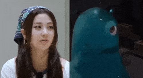 a woman wearing a bandana next to a picture of a blue frog .