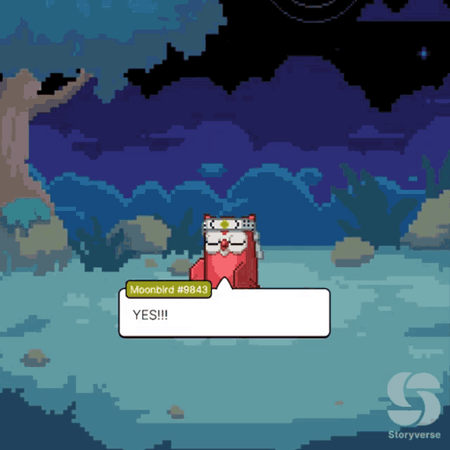 a pixel art of an owl with a speech bubble saying yes