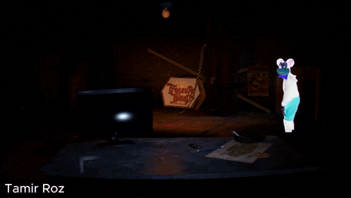 a dark room with a sign that says " treasure island " on it