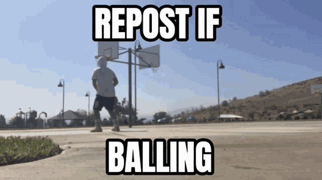 a man playing basketball on a court with the words repost if balling above him