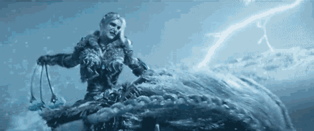 a woman is riding a horse in the snow with a lightning strike in the background