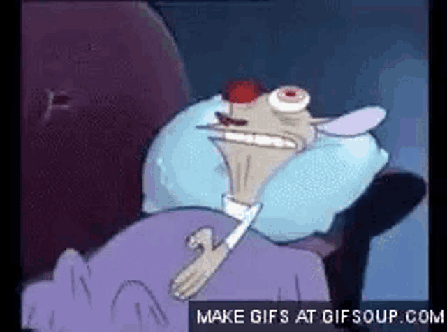 a cartoon character is laying in bed with a pillow on his head and says make gifs at gifsoup.com