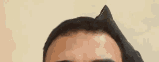a close up of a man 's forehead with a black cat 's ear on it .