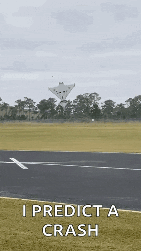 a plane is flying over a grassy field with the words " i predict a crash " on the bottom