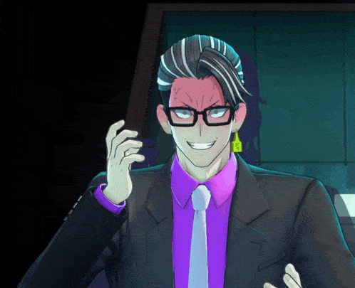 a man with glasses and a purple shirt has a yellow earring that says ' a ' on it
