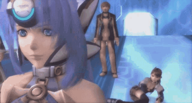 a video game scene with a girl with purple hair
