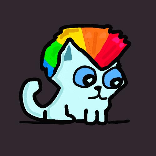 a drawing of a cat with a rainbow mane standing in the grass