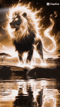 a lion with flames coming out of its mane is standing next to a river .