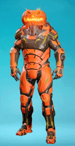 a man in a futuristic suit with a pumpkin head .
