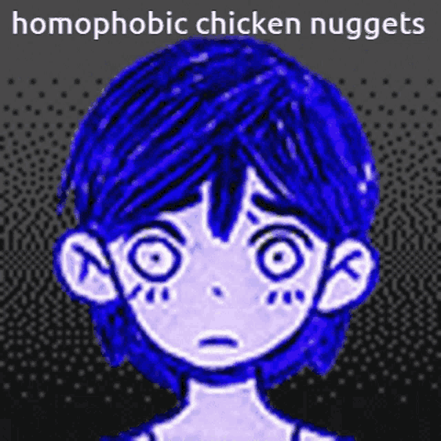 a drawing of a person with blue hair and the words homophobic chicken nuggets written above it .