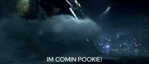 a robot is flying through the air with the words im comin pookie below it