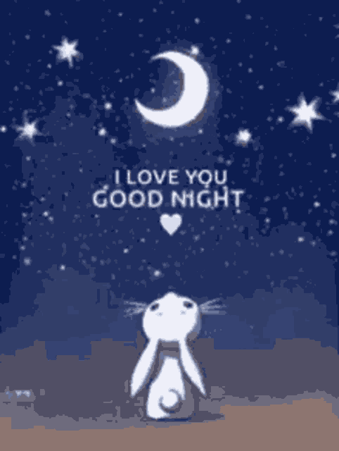 a bunny says i love you good night in front of a crescent moon and stars