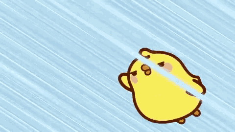 a cartoon chicken is flying through the air on a blue background