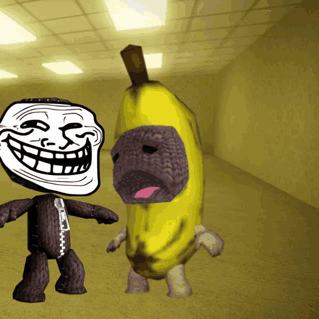 a troll face next to a stuffed animal with a banana on its head