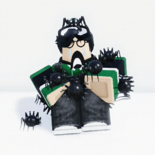a cartoon character is surrounded by black spiders and has the word mora on his hat