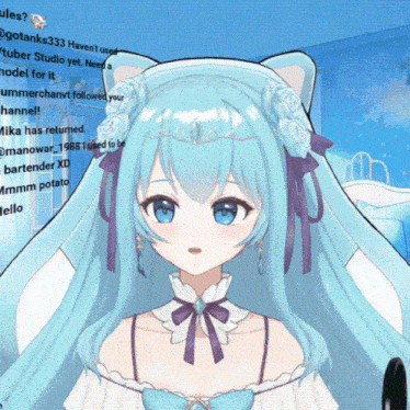 a girl with blue hair has a cat ear shaped headband